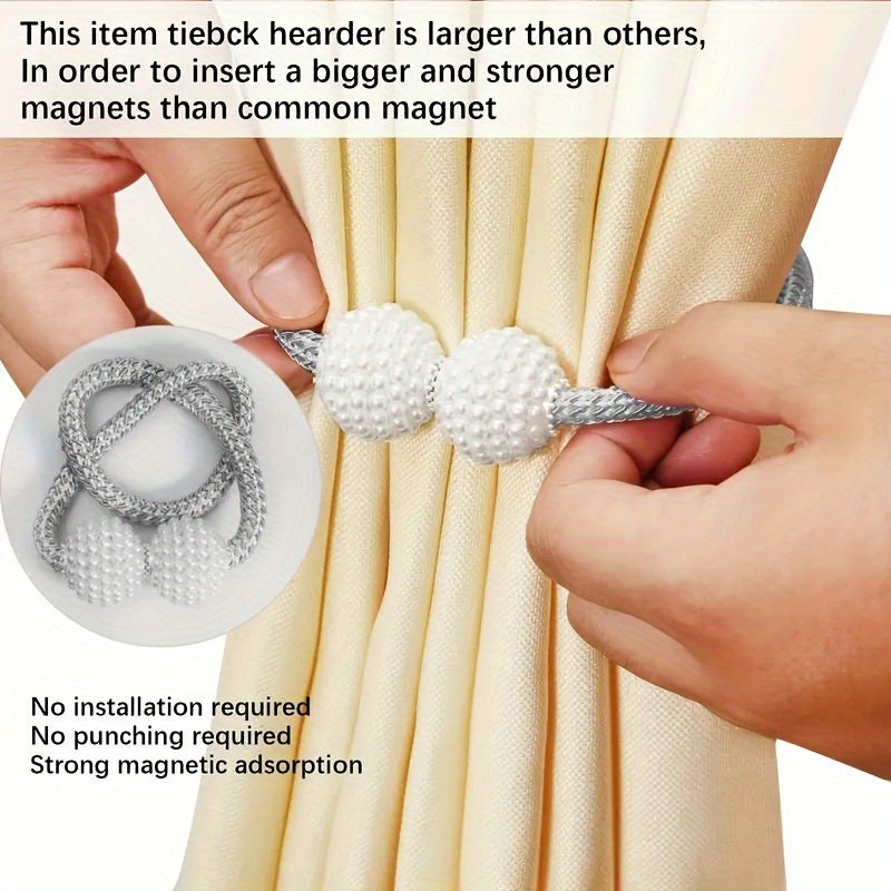 Two Modern Style Curtain Ties, Curtain Fixer Decorative Rope Classic Tie Design with Pearl Decoration, Magnetic, Suitable for Home Office Curtains