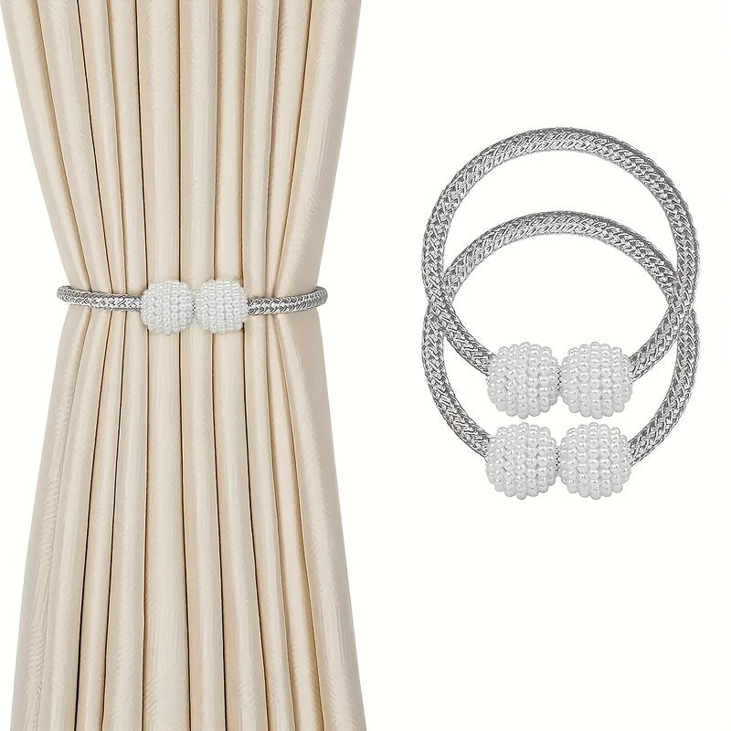 Two Modern Style Curtain Ties, Curtain Fixer Decorative Rope Classic Tie Design with Pearl Decoration, Magnetic, Suitable for Home Office Curtains
