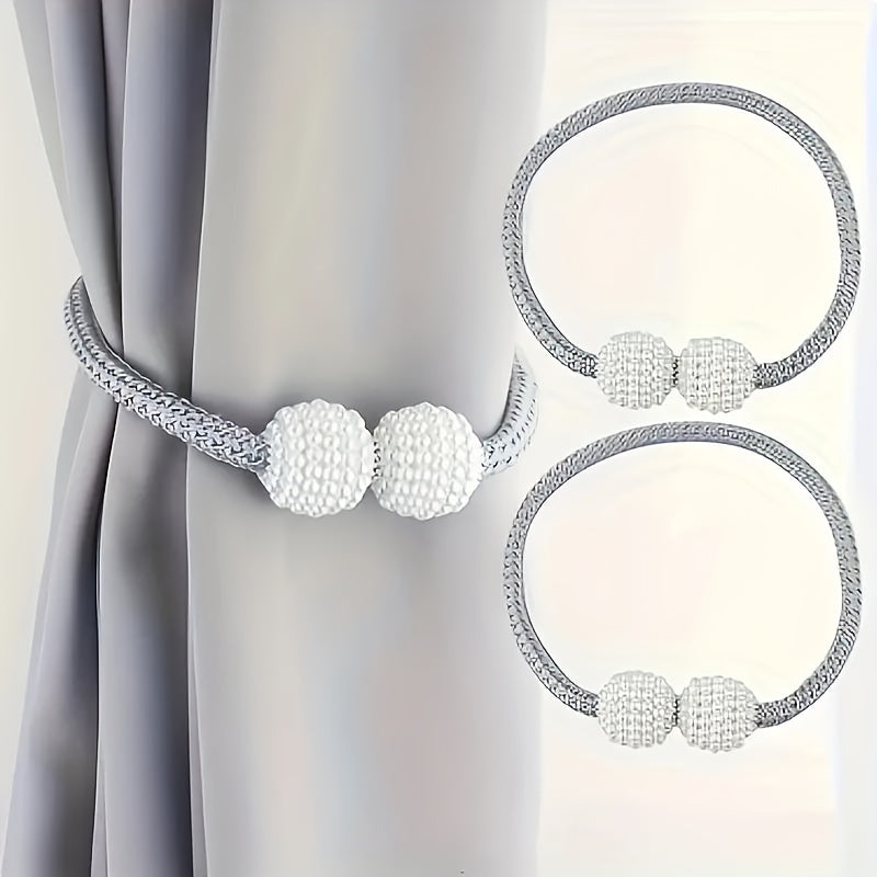 Two Modern Style Curtain Ties, Curtain Fixer Decorative Rope Classic Tie Design with Pearl Decoration, Magnetic, Suitable for Home Office Curtains